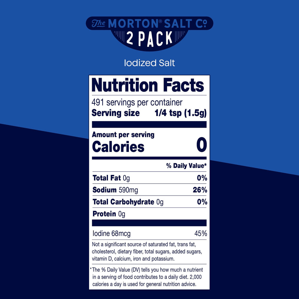 Morton iodized salt fortified with iodine supports everyday flavoring.