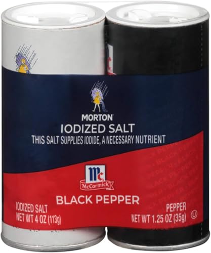 Close-up of Morton salt crystals and McCormick pepper shakers for precise seasoning