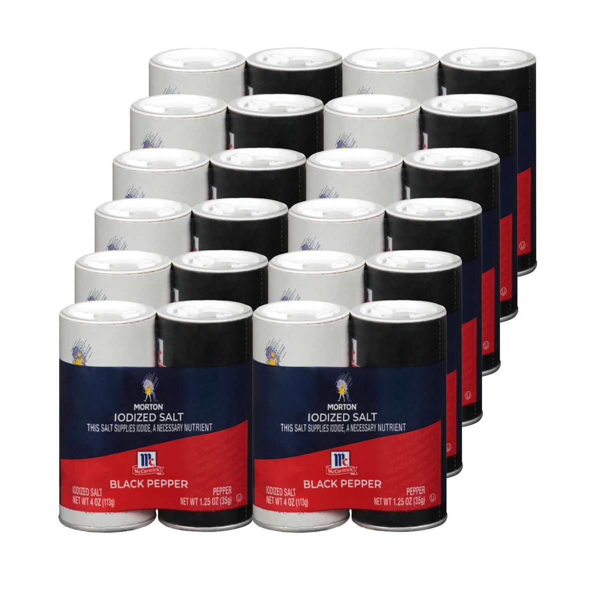 Morton iodized salt and McCormick pepper shakers on table for everyday seasoning