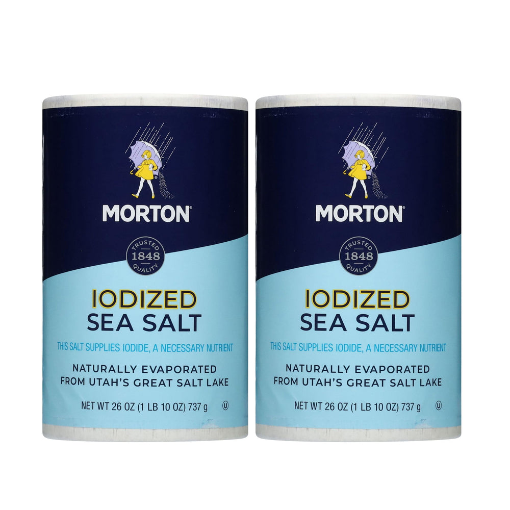 Morton iodized sea salt round 26oz canister adds crystal-rich seasoning for cooking