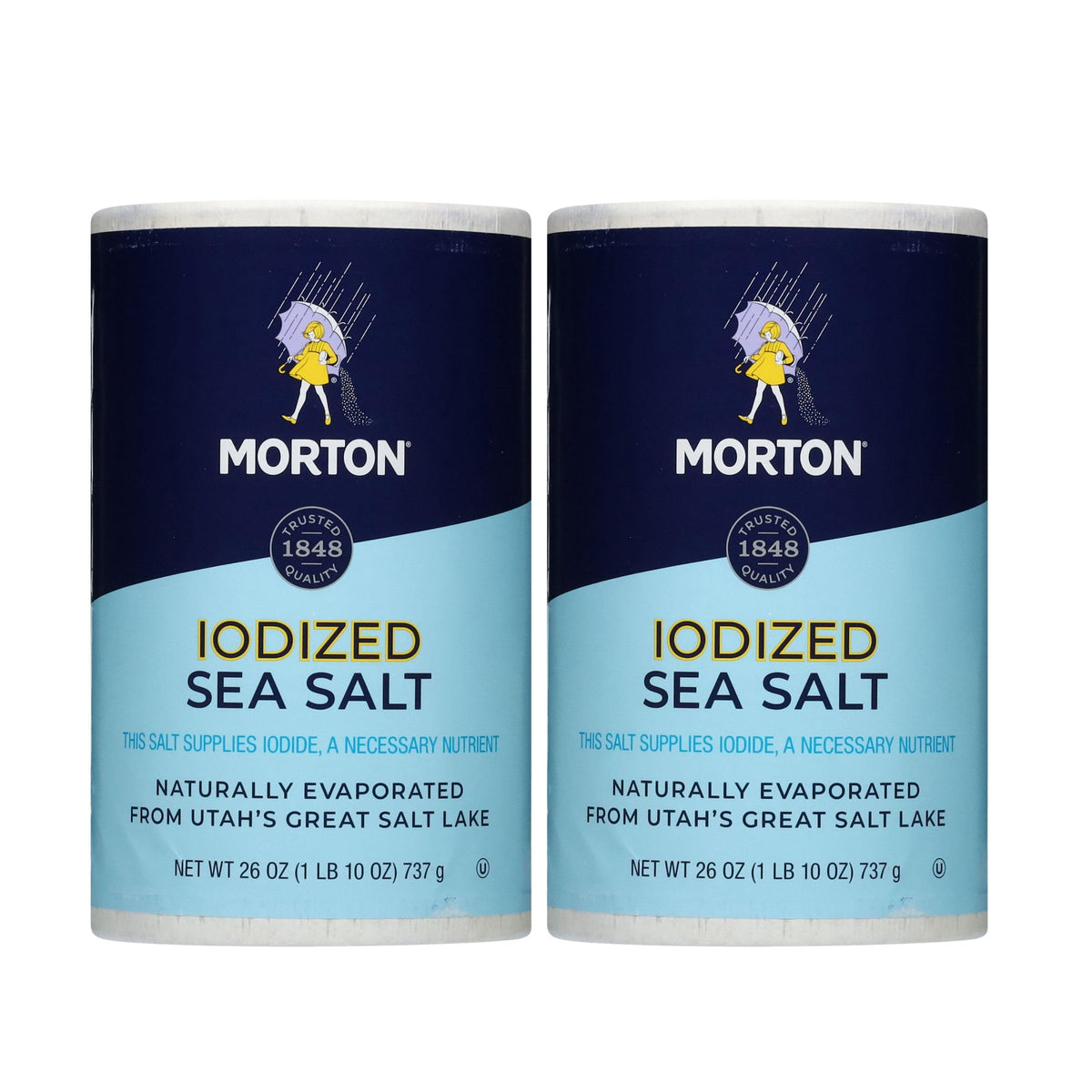 Morton iodized sea salt round 26oz canister adds crystal-rich seasoning for cooking