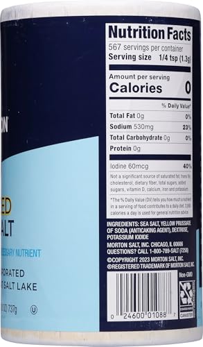 Morton iodized sea salt round on table shaker ready for everyday seasoning