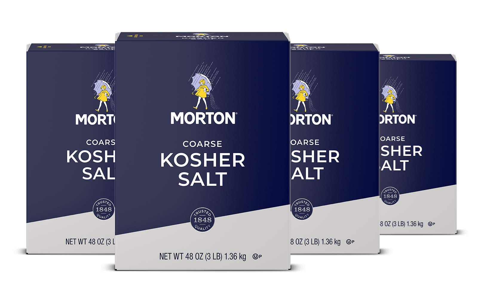 Morton Kosher Salt coarse 48oz pack image highlighting four-pack value for cooking