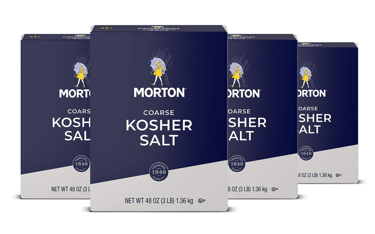 Morton Kosher Salt coarse 48oz pack image highlighting four-pack value for cooking