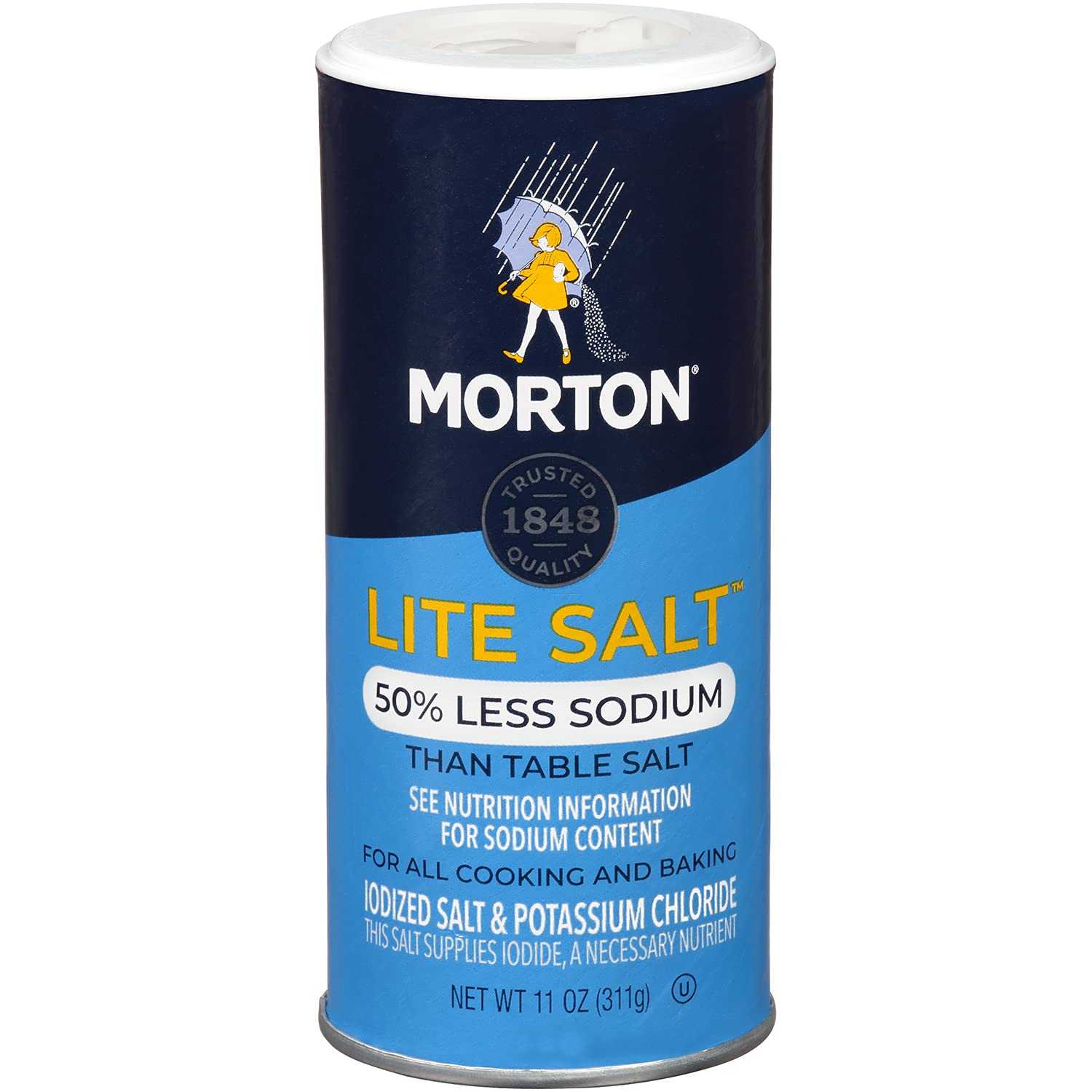 Morton Lite Salt 11 oz bottle on table for everyday cooking and seasoning