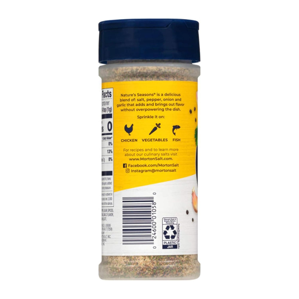 Morton Nature's Seasons kitchen scene suggests versatile use on chicken and fish.