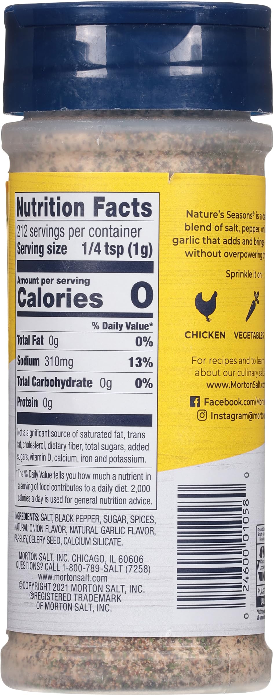Morton Nature's Seasons packaging back emphasizes kosher and MSG-free promise.