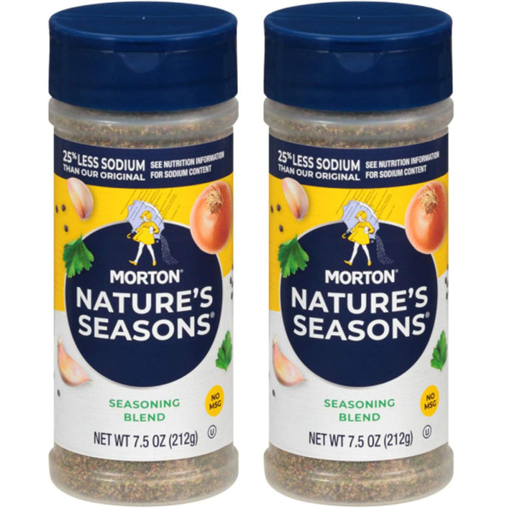 Morton Nature's Seasons reduced-sodium bottle front for lighter, flavorful meals.