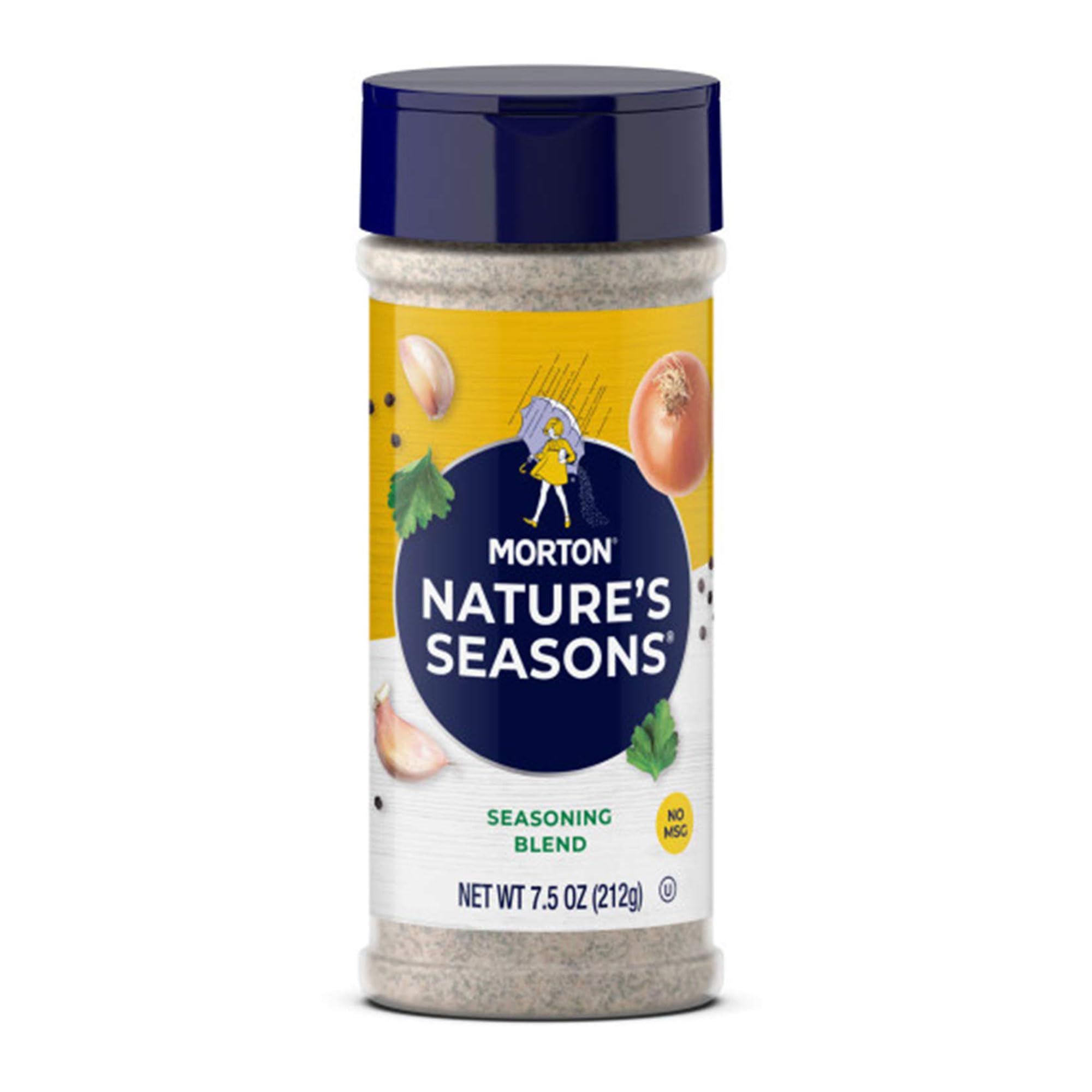 Morton Nature's Seasons 2-pack bottle display highlighting MSG-free blend.