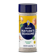 Morton Nature's Seasons 2-pack bottle display highlighting MSG-free blend.