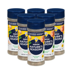 Morton Nature's Seasons Seasoning Blend jar front view, adds balanced flavor with 25% less sodium