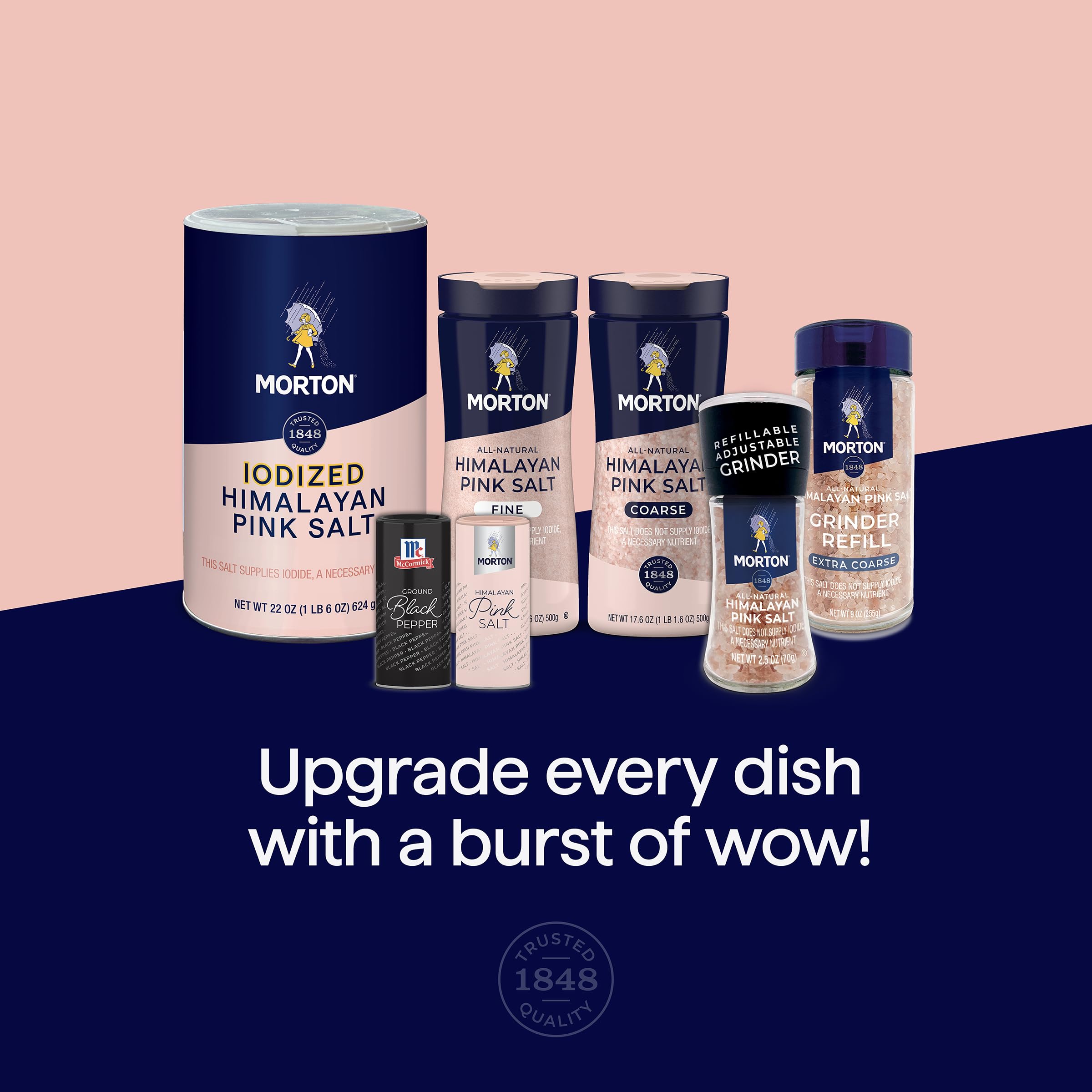 Morton pink salt on table pairing with dishes for color pop