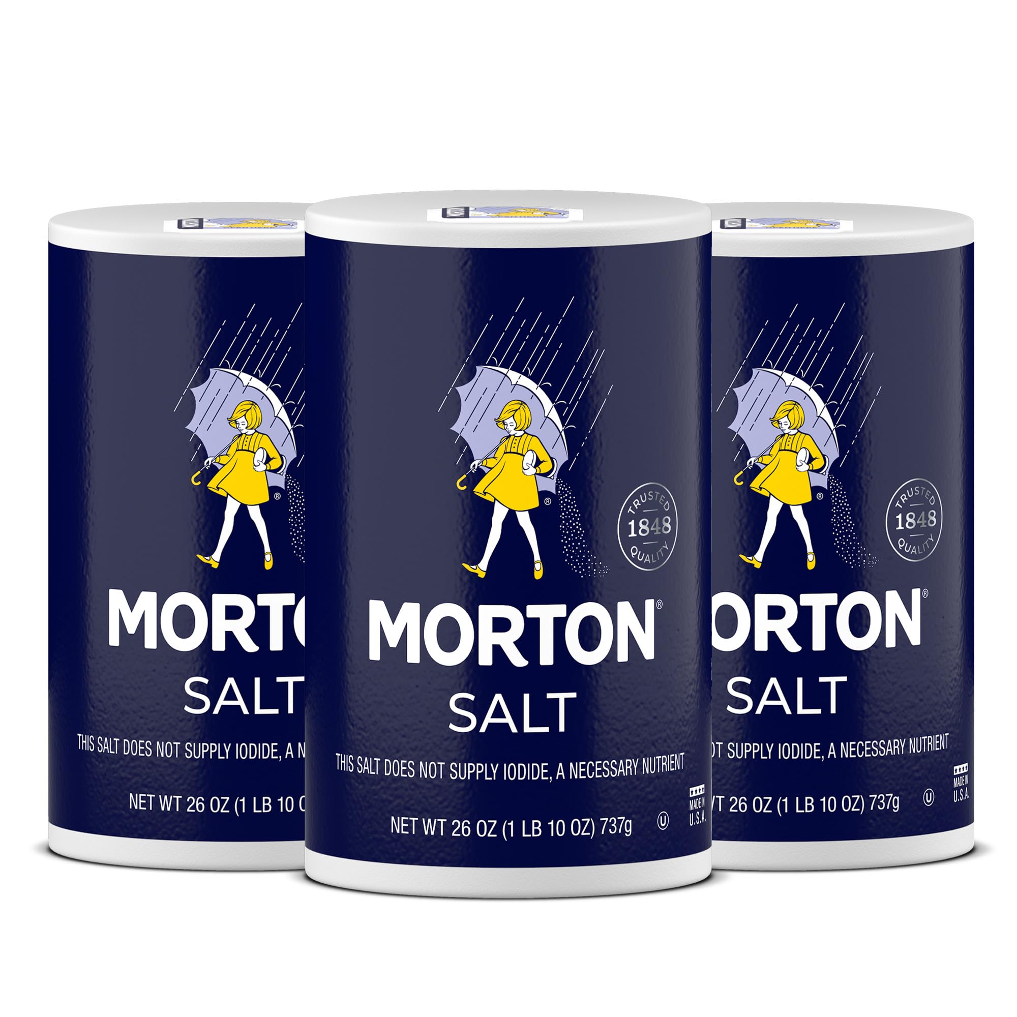 Morton Plain Salt 3-pack packaging on pantry shelf for easy access.