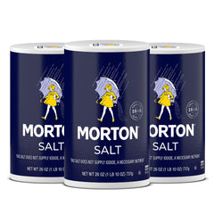 Morton Plain Salt 3-pack packaging on pantry shelf for easy access.
