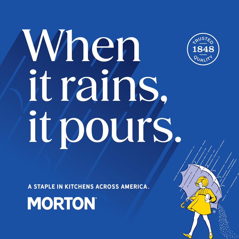 Morton Plain Salt packaging in a kitchen scene evokes timeless reliability.