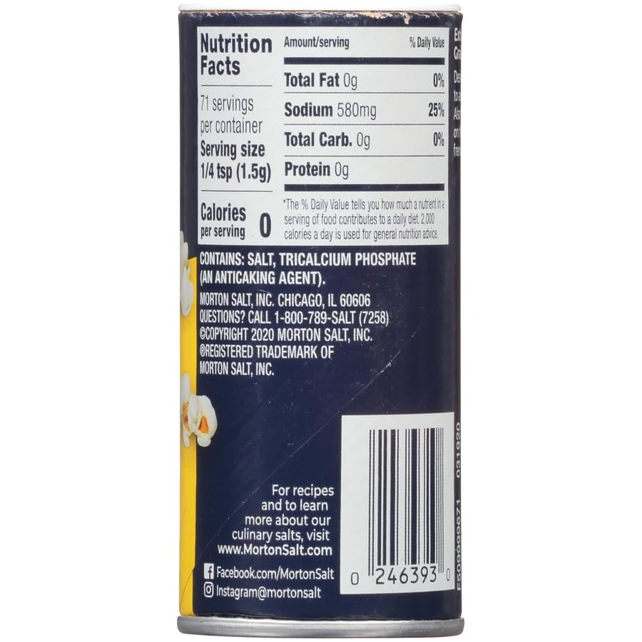 Morton Popcorn Salt 12-pack display emphasizes convenient seasoning for movie night.