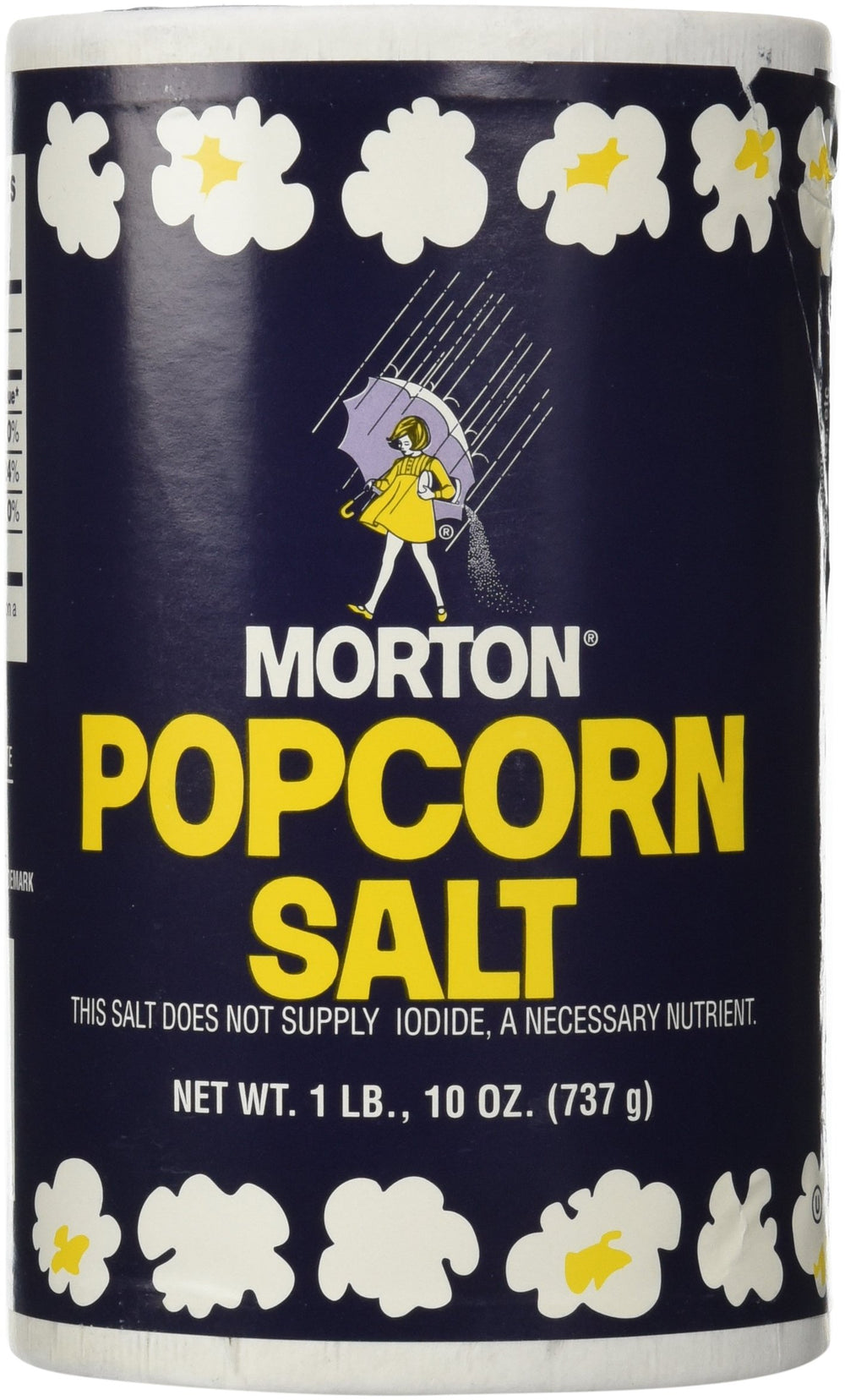 Morton popcorn salt 26oz container, ready for easy snack seasoning.