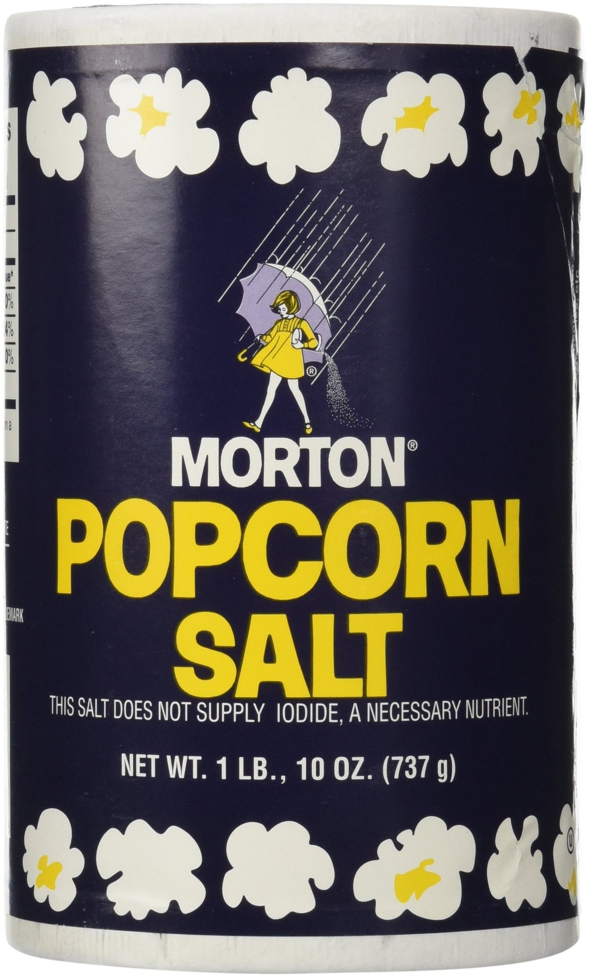 Morton popcorn salt 26oz container, ready for easy snack seasoning.