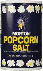 Morton popcorn salt 26oz container, ready for easy snack seasoning.