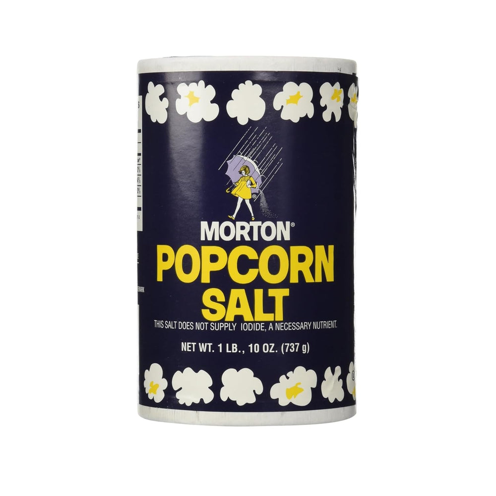 Morton Popcorn Salt jar on table showing ultra-fine crystals for crisp, flavorful snacks.