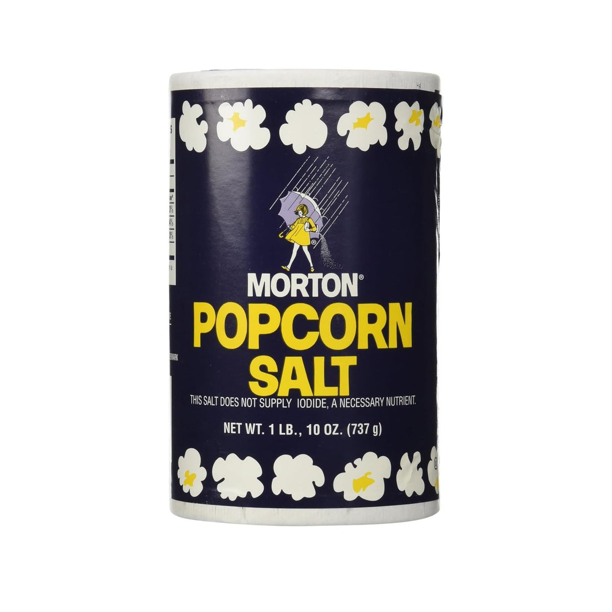 Morton Popcorn Salt jar on table showing ultra-fine crystals for crisp, flavorful snacks.