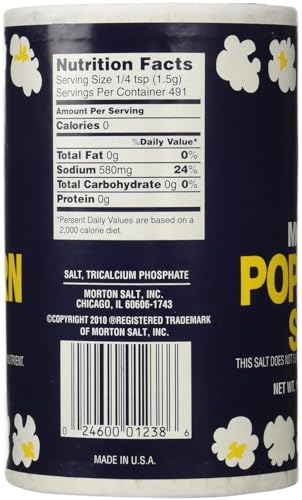 Morton Popcorn Salt shaker close-up highlights easy, even seasoning for popcorn and nachos.