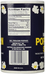Morton Popcorn Salt shaker close-up highlights easy, even seasoning for popcorn and nachos.