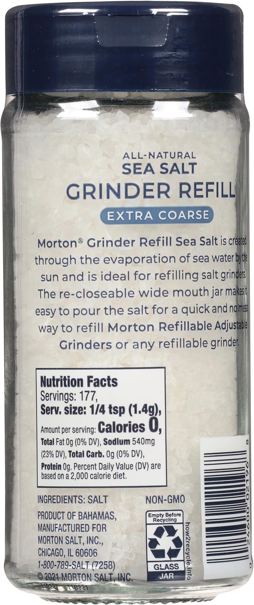 Morton reusable glass bottle of all-natural sea salt crystals for sustainable seasoning.