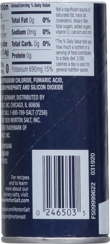 Morton Salt Substitute front-label close-up, showcasing sodium-free formula for versatile seasoning.