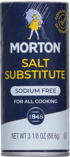 Morton Salt Substitute on kitchen counter, ready for low-sodium recipe experimentation.