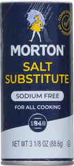 Morton Salt Substitute on kitchen counter, ready for low-sodium recipe experimentation.