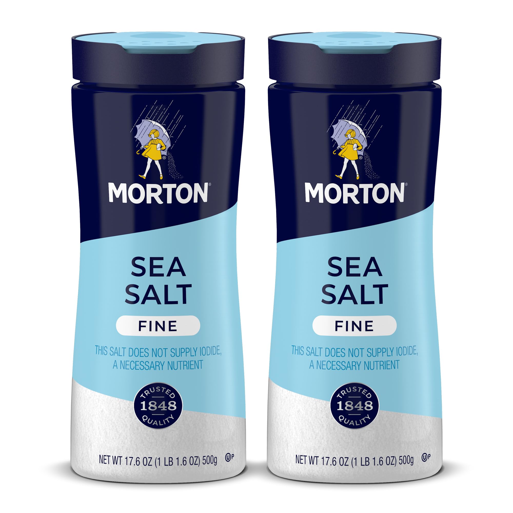 Morton Fine Sea Salt bottle close-up showing quick-dissolving crystals for marinades
