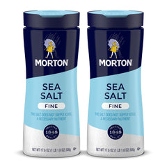 Morton Fine Sea Salt bottle close-up showing quick-dissolving crystals for marinades