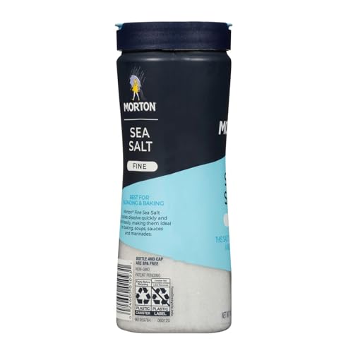 Pouring Morton Fine Sea Salt from a shaker to blend evenly in recipes