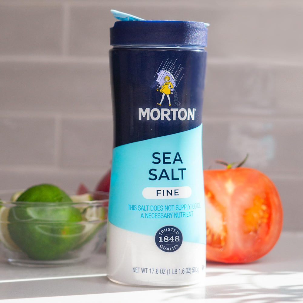 Morton Fine Sea Salt in a measuring spoon for sauces and roasts