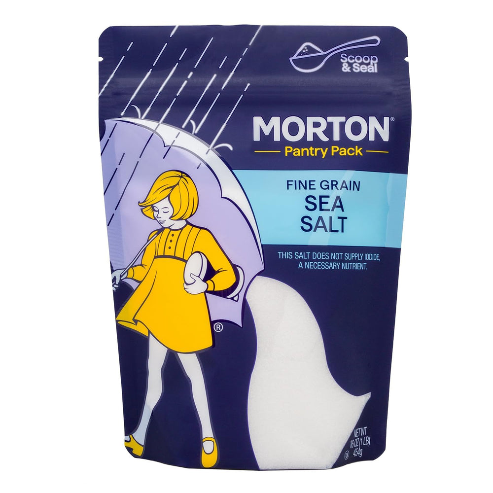 Morton fine grain sea salt in a pouch for quick, even seasoning.