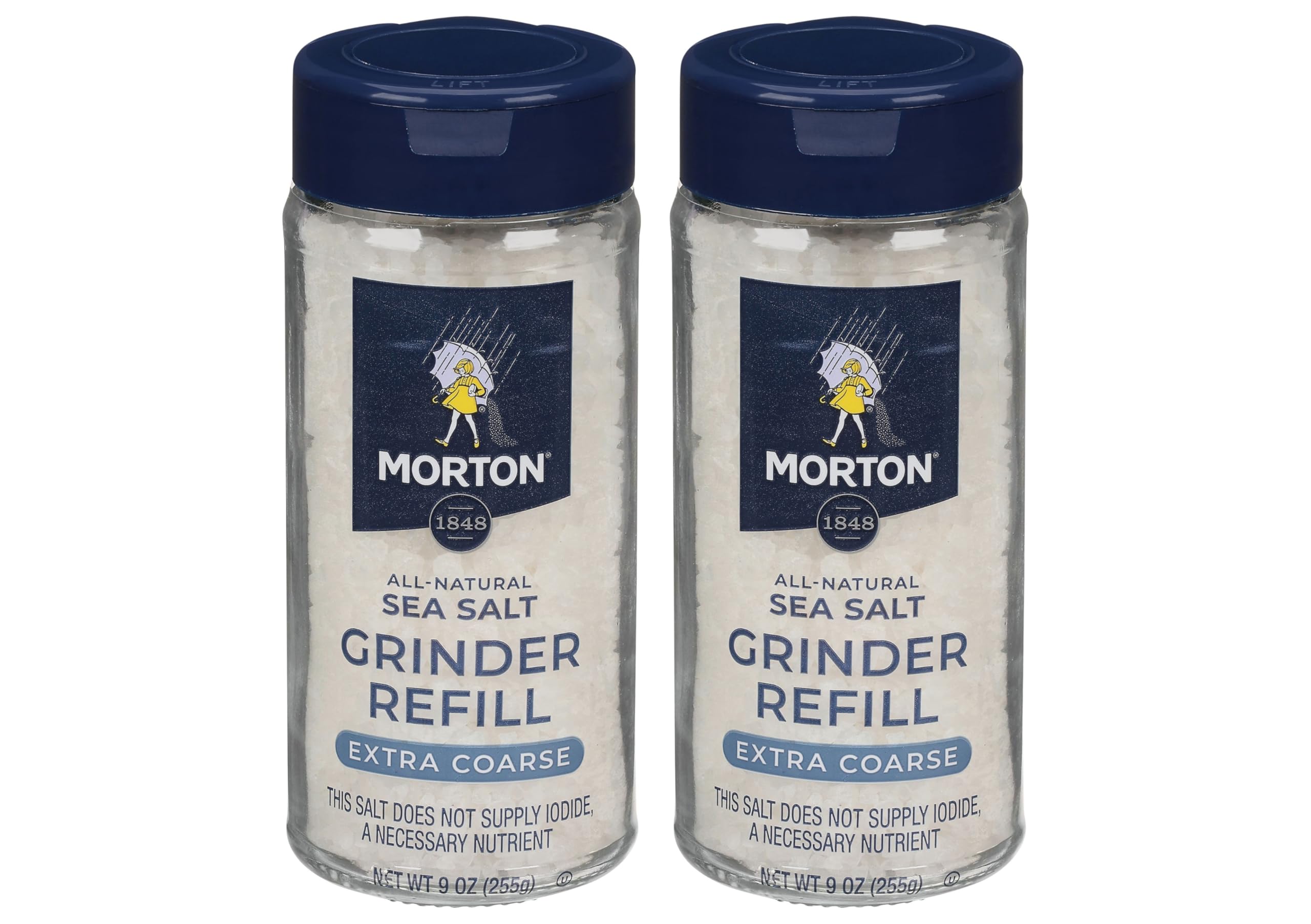 Morton sea salt grinder refill 9oz pack for easy refilling and seasoning.