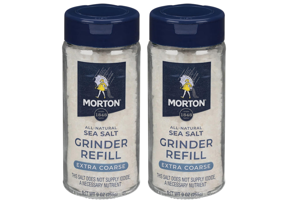Morton sea salt grinder refill 9oz pack for easy refilling and seasoning.