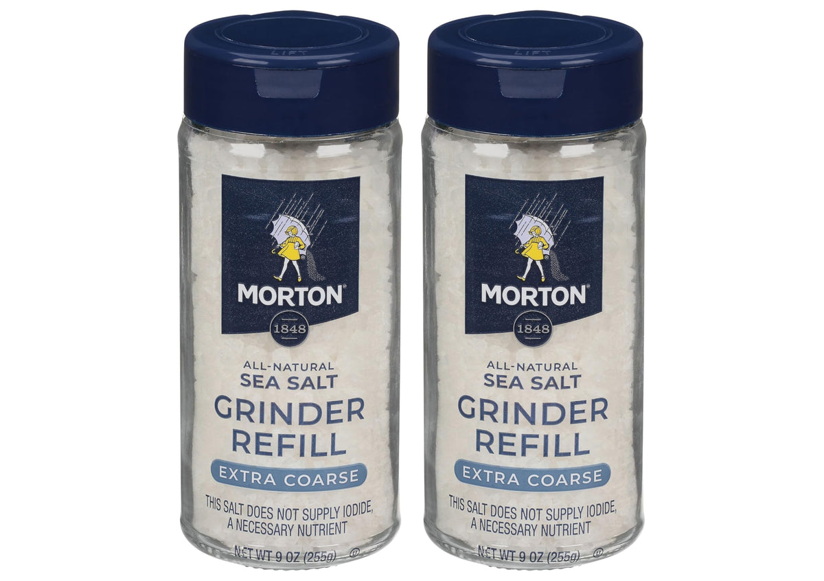 Morton sea salt grinder refill 9oz pack for easy refilling and seasoning.
