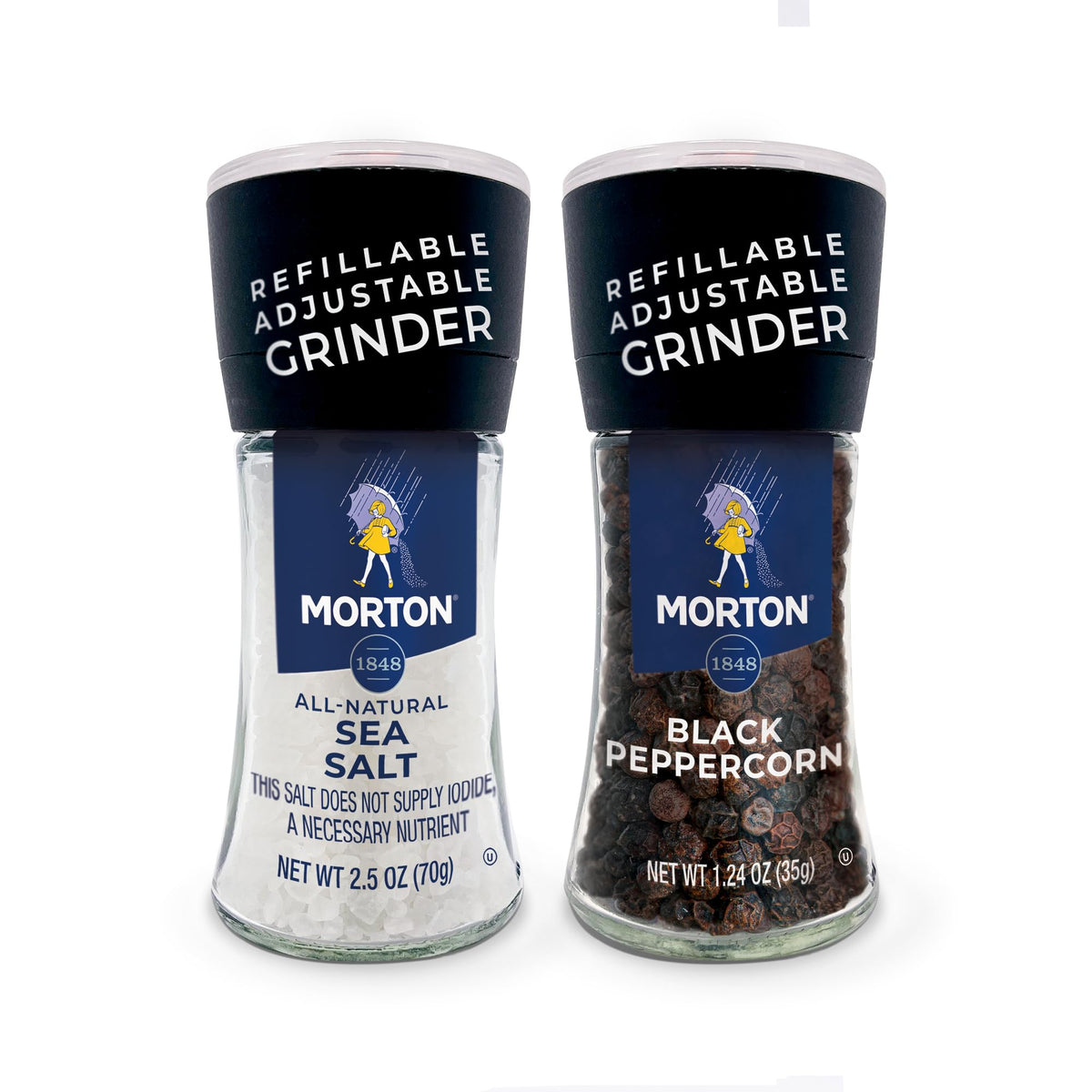 Morton sea salt grinder, side view, adjustable seasoning for precise control.
