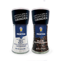 Morton sea salt grinder, side view, adjustable seasoning for precise control.