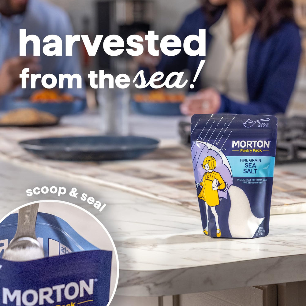 Morton sea salt for marinades and dressings shown for even flavor.