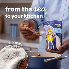 Morton sea salt used in soups and sauces for balanced seasoning.