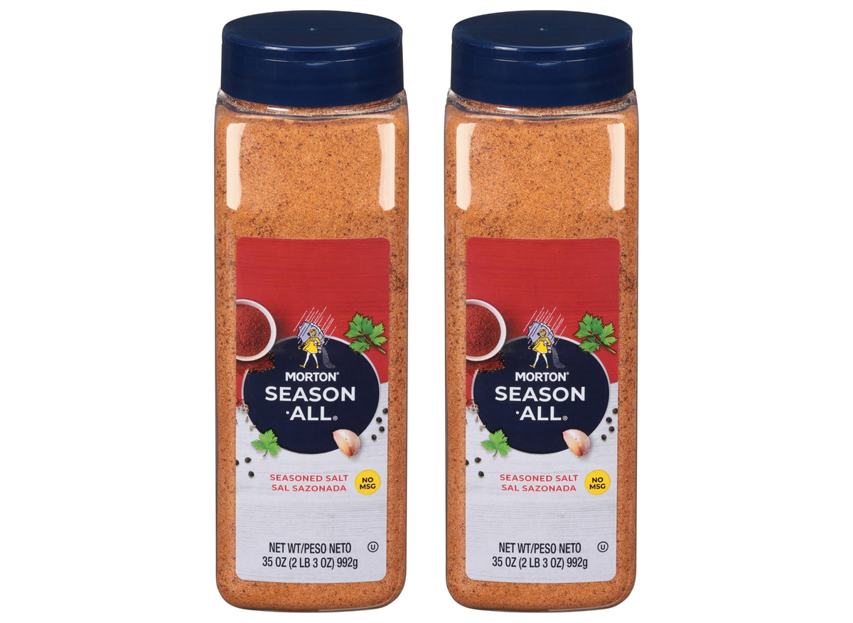 Morton Season-All Club 35oz bottle pour for versatile beef, poultry, and veggie seasoning.