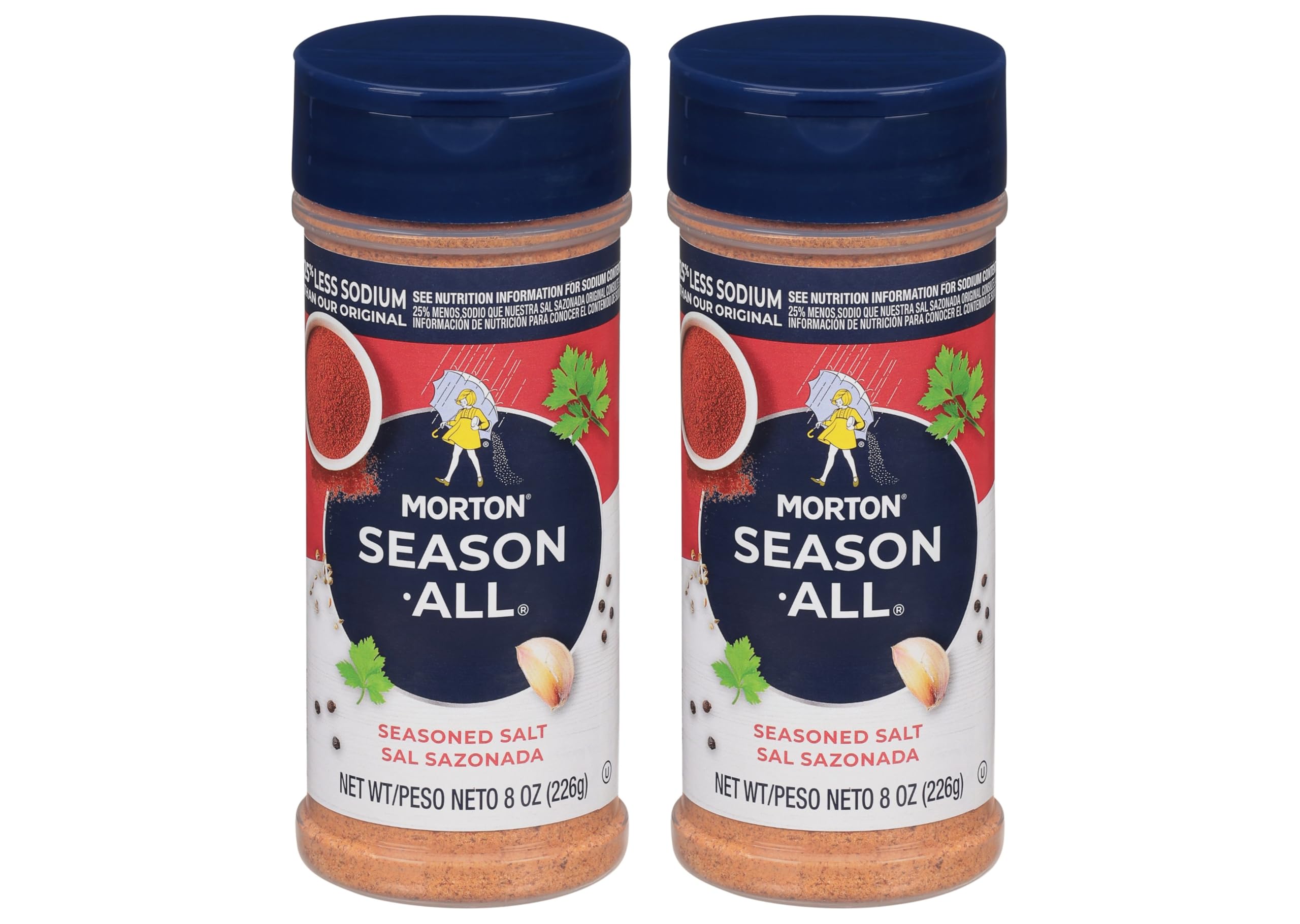 Morton Season-All Less Sodium 8oz bottle enhances beef and vegetables with 25% less sodium