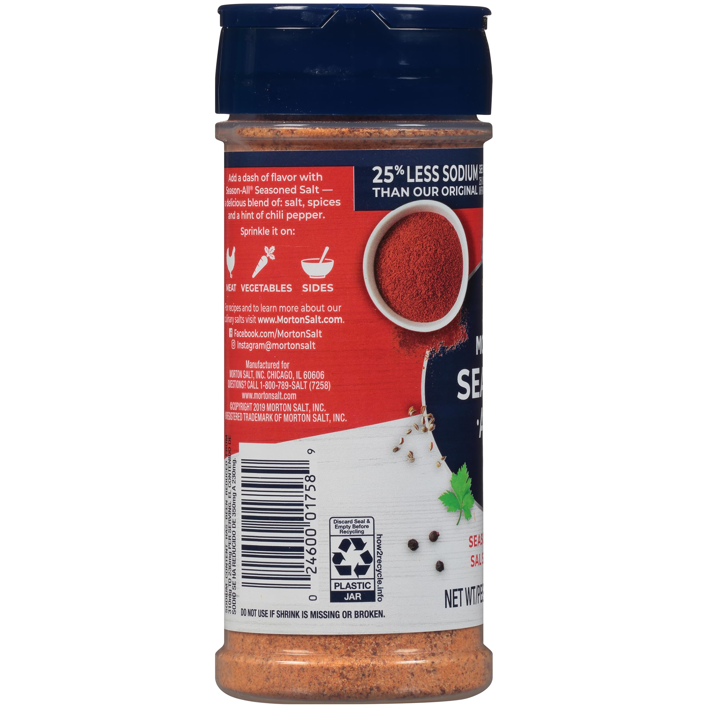 Morton Season-All Less Sodium 8oz on grill-ready kitchen counter