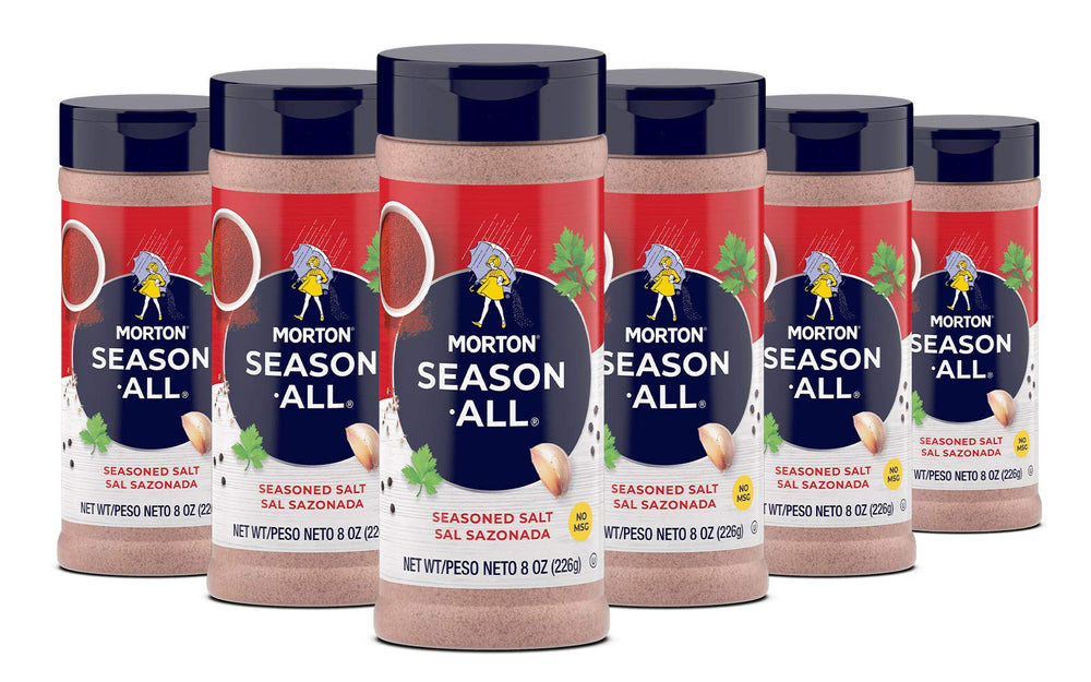 Morton Season-All seasoned salt bottle closeup for versatile meat and veggie seasoning.