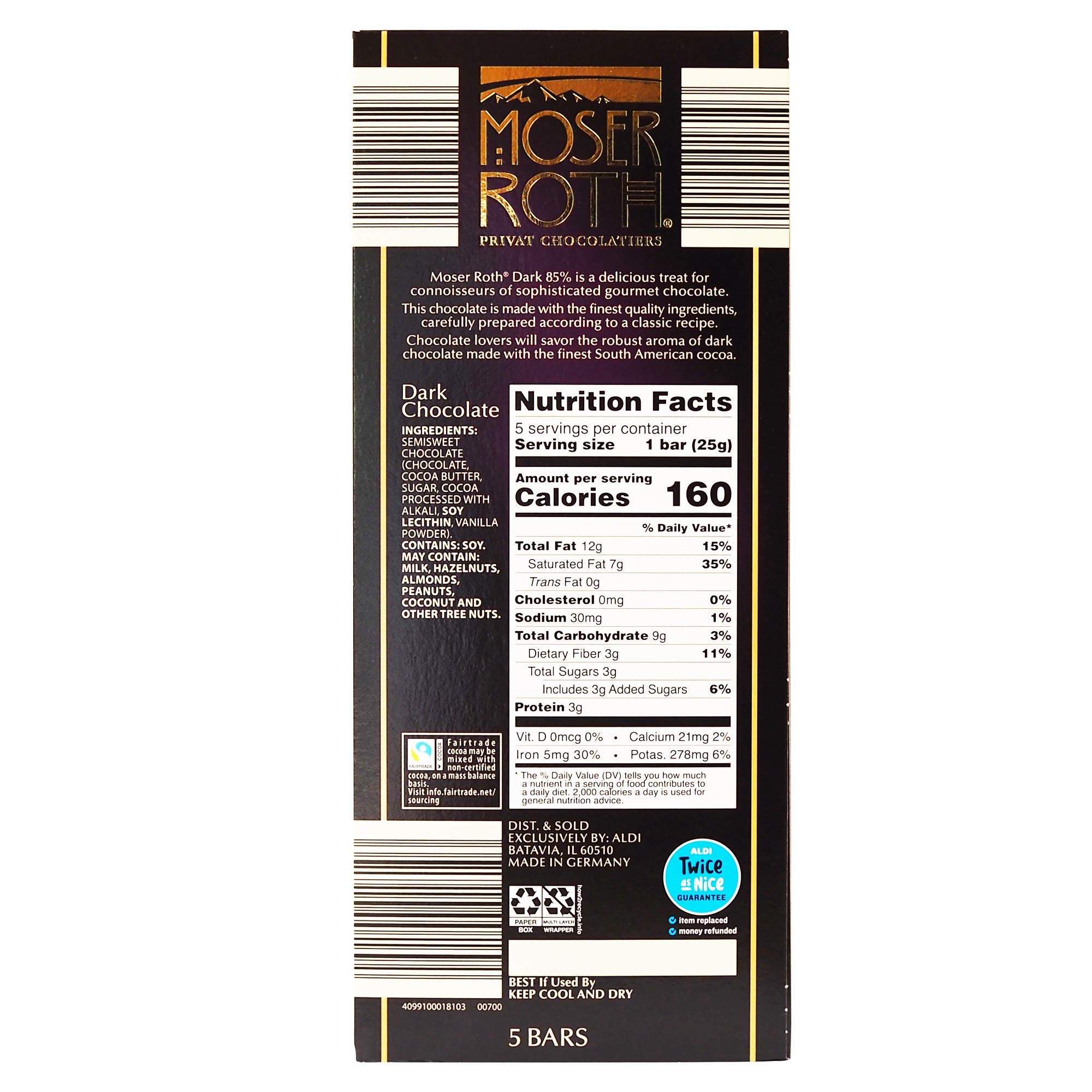 Moser Roth 85% dark chocolate bar close-up showcasing rich cocoa flavor for tasting.