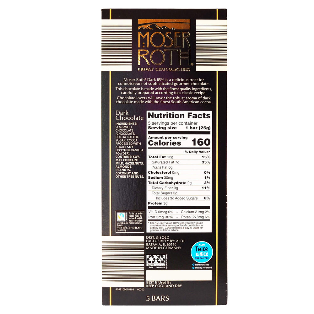 Moser Roth 85% dark chocolate bar close-up showcasing rich cocoa flavor for tasting.