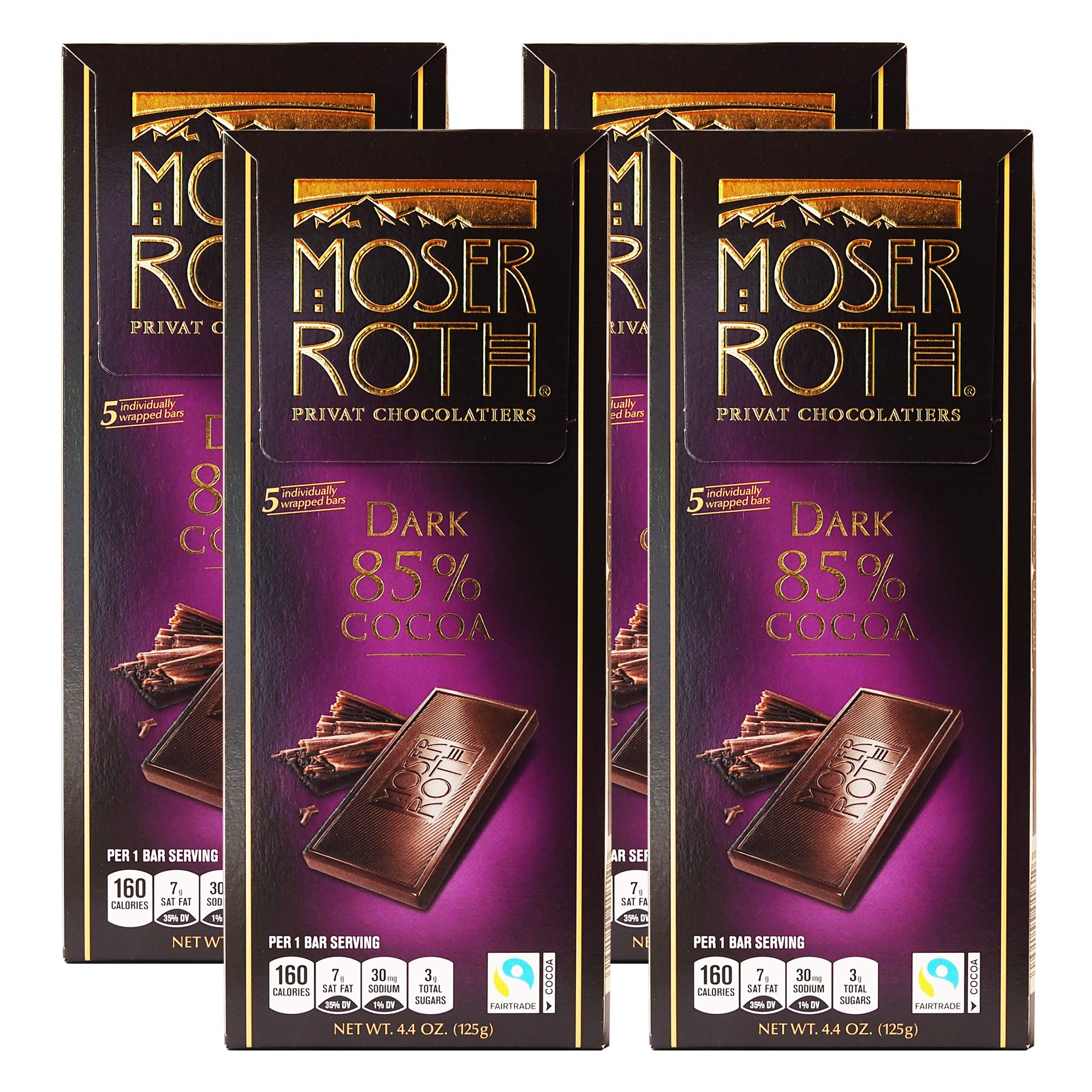 Moser Roth 85% dark chocolate pack of four bars for daily indulgence.